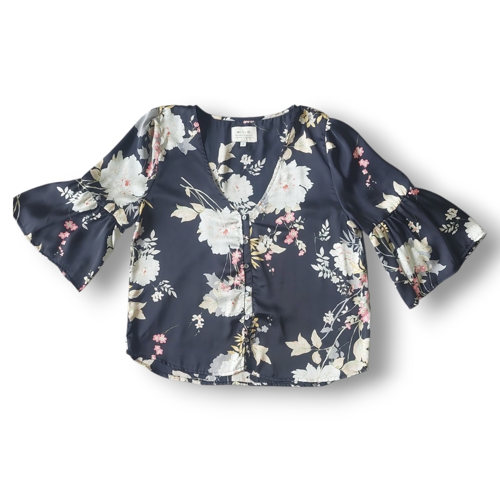 McGuire Satin Blouse Black Floral Print Size Small Bell Sleeve Top
